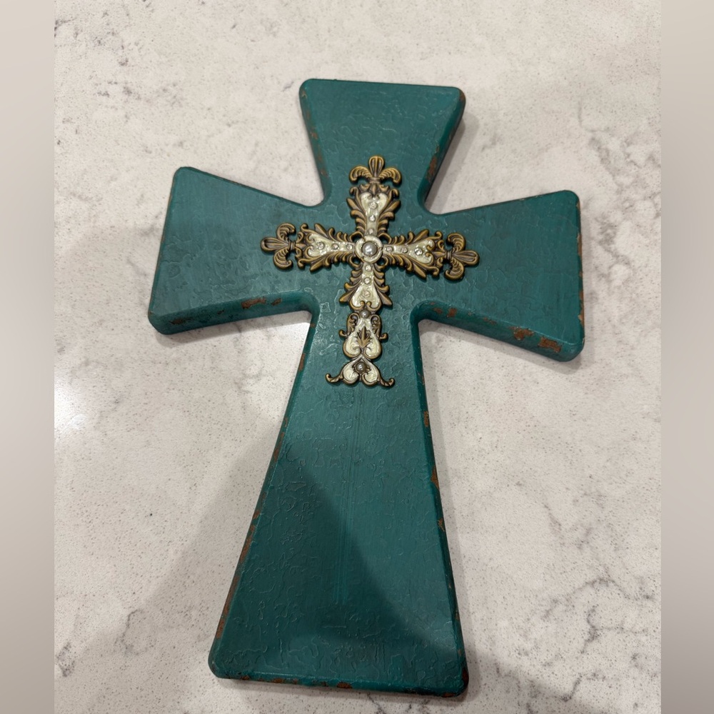Decorative Teal Cross with Gold Accents